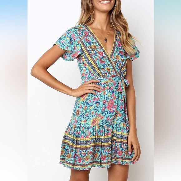 Summer Wrap V Neck Dresses Bohemian Floral Print Ruffle Swing XL - Picture 8 of 14